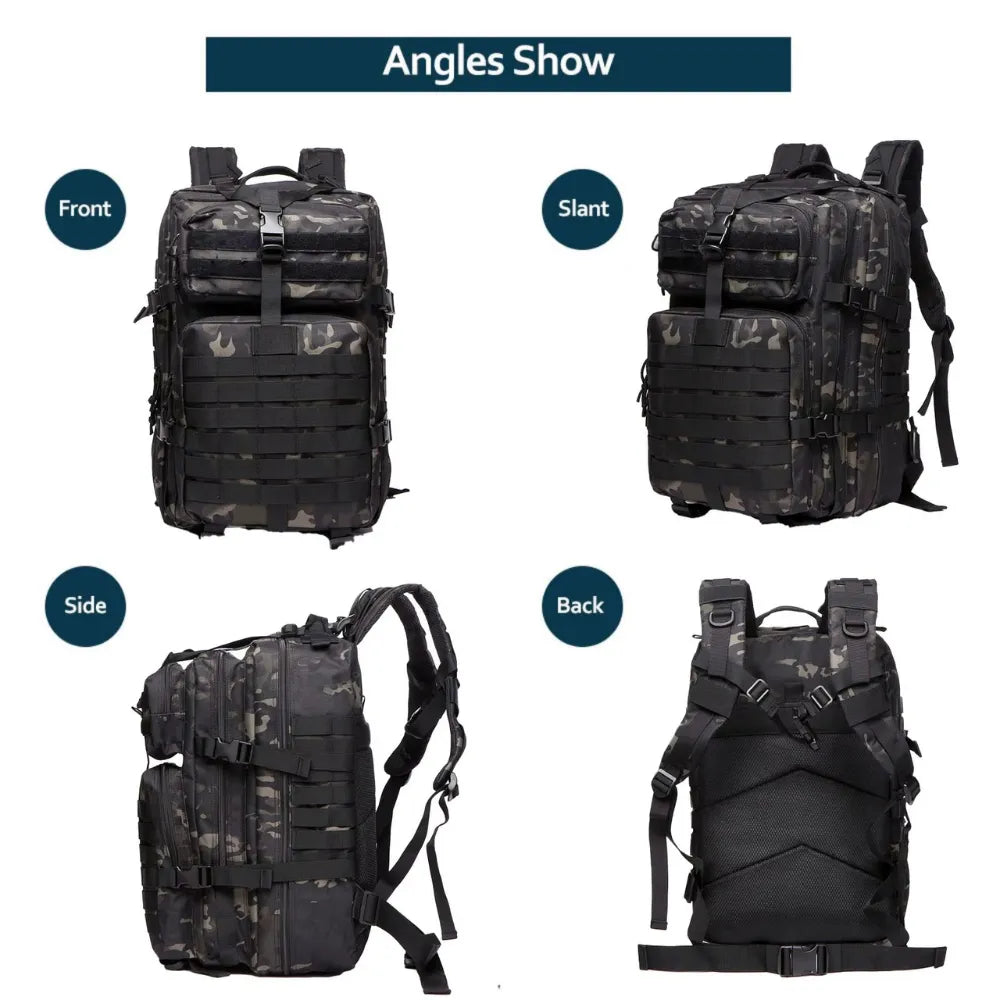 Tactical backpack displayed from four angles: front, back, side, and diagonal profile view.