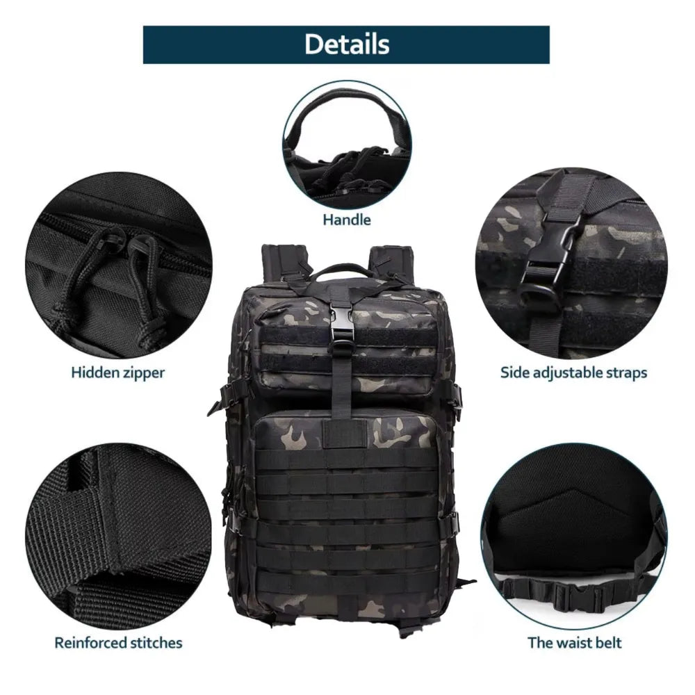 Close-up of tactical backpack highlighting detailed stitching, zippers, and durable fabric.