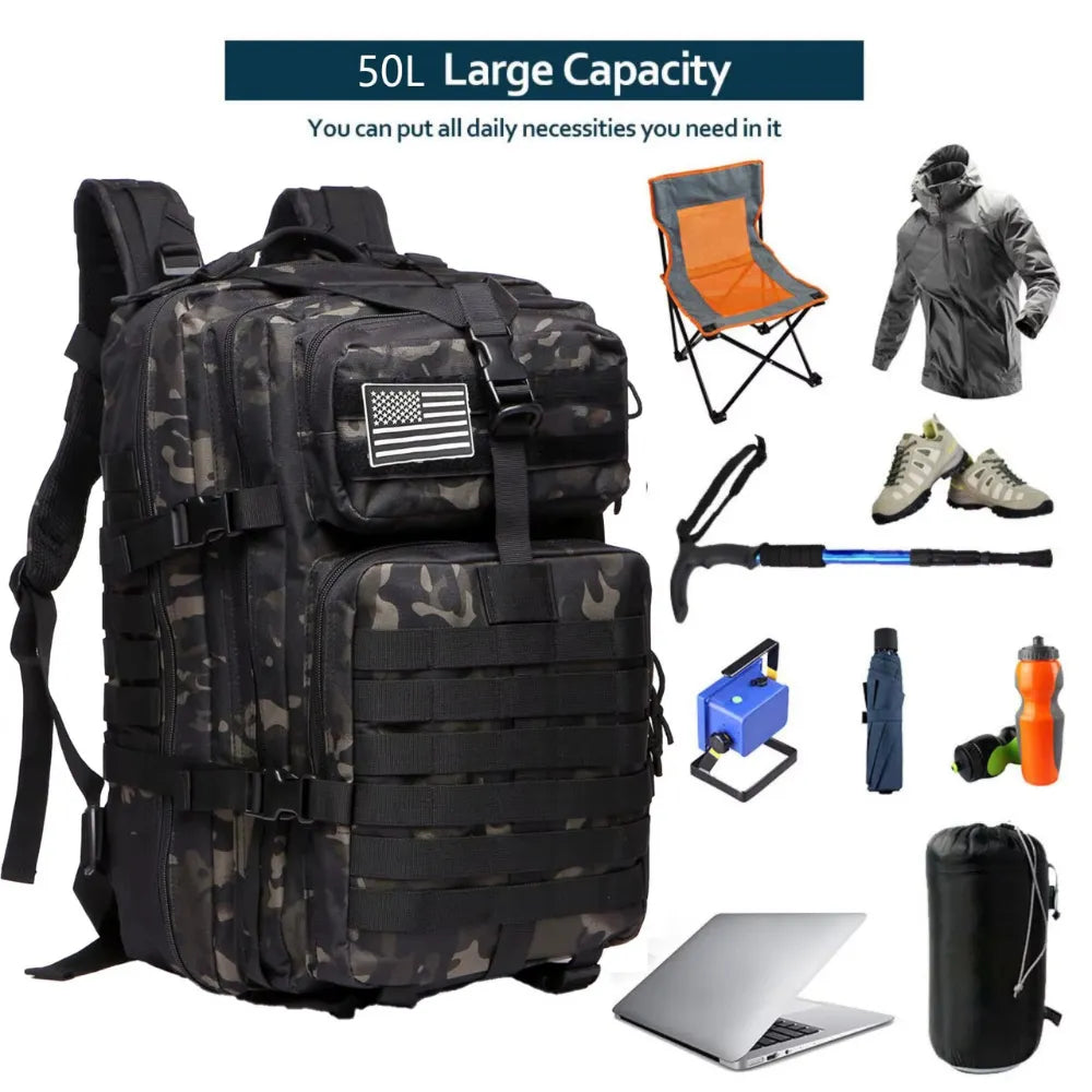 Large 50L tactical backpack demonstrating spacious capacity for outdoor gear and essentials.