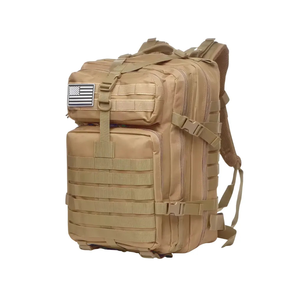 Khaki tactical backpack featuring spacious compartments and rugged design for camping, hiking, and outdoor use.