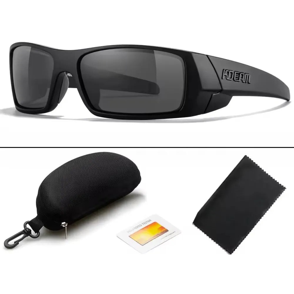 KDEAM Havoc sunglasses in black color variant, shown with storage case and cleaning cloth included.