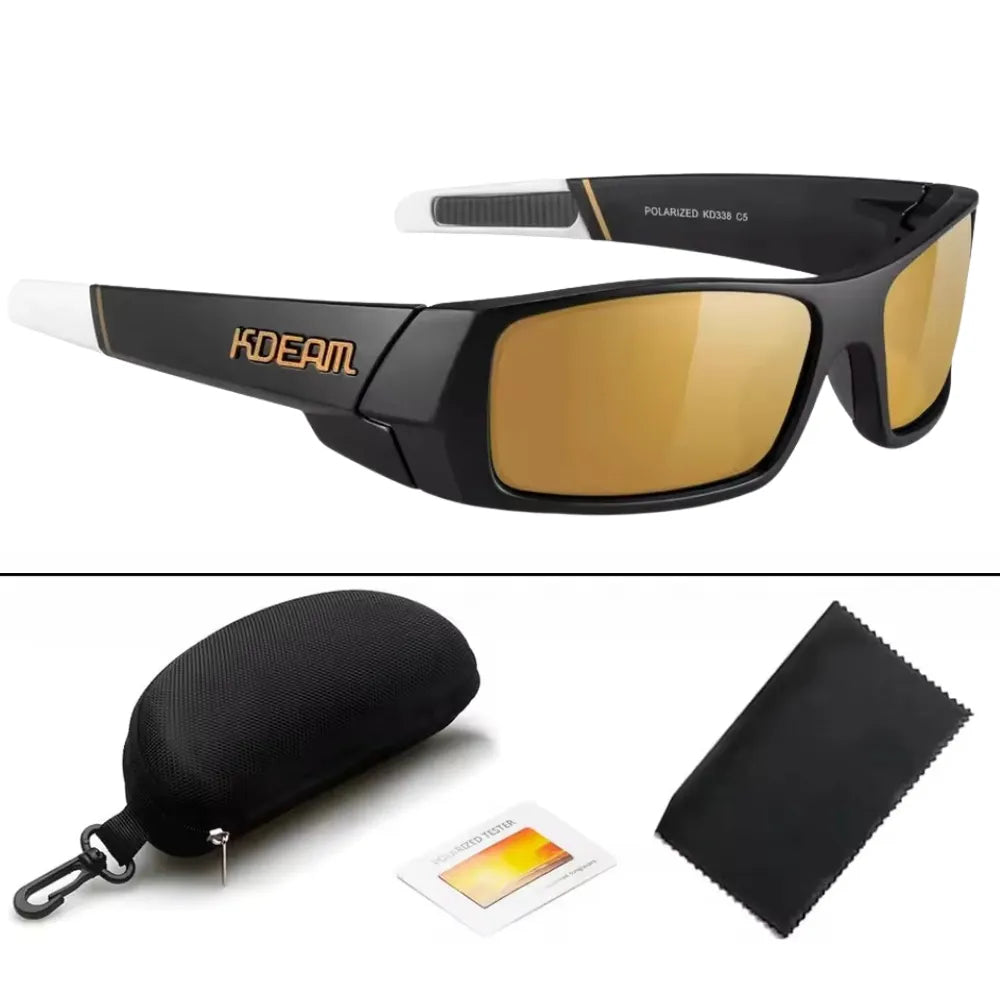 KDEAM Havoc sunglasses in black and white color variant, with protective case and cleaning cloth.
