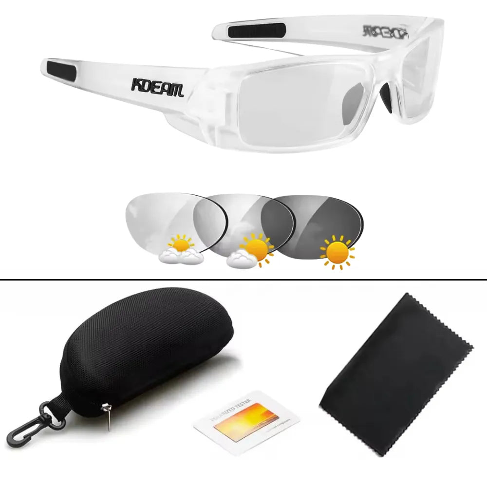 KDEAM Havoc sunglasses in transparent color variant, shown with case and cleaning cloth.