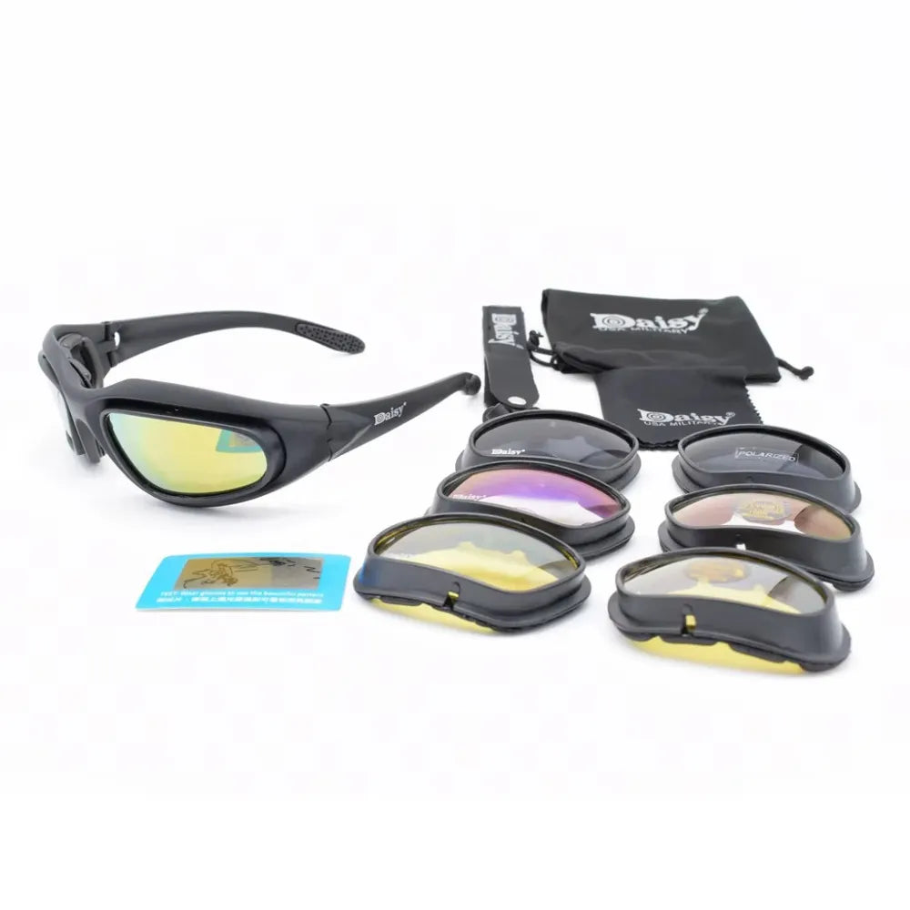 Full kit of C5 tactical goggles, including goggles, 4 lens pairs, storage case, and polarized certification card.