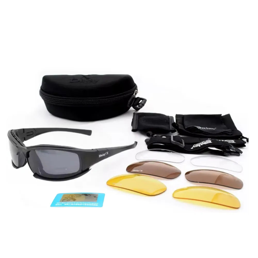 Full kit of X7 tactical goggles, including goggles, 3 lens pairs, storage case, and polarized certification card.