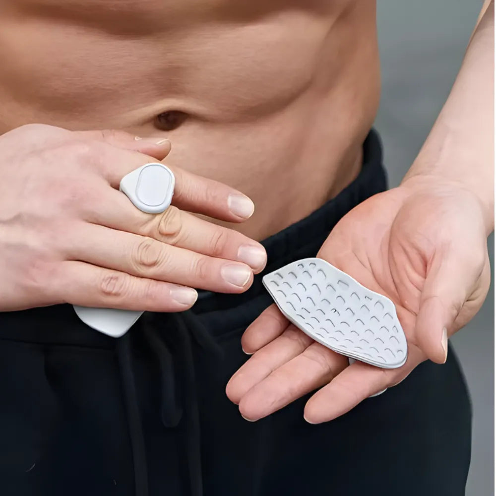 Man wearing the STRY VEX FULLGRIP in gray showing front and back for superior grip and wrist support during intense workouts.
