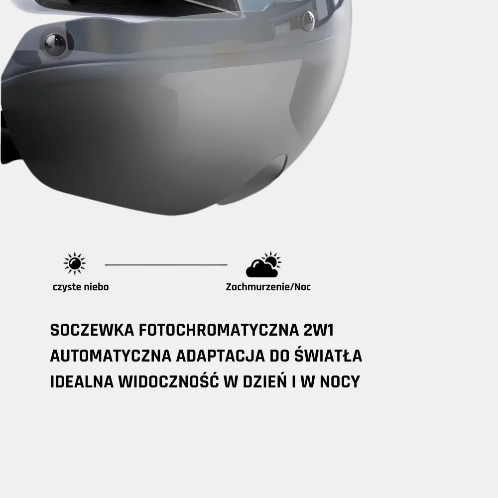 Inteligentna soczewka fotochromatyczna 3D do kasku VORTEX – automatycznie dostosowuje się do światła i chroni przed wiatrem.