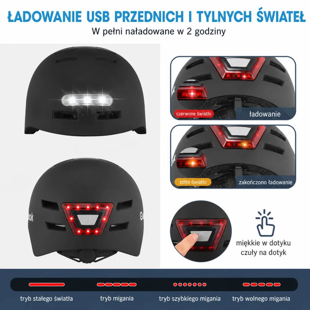 Inteligentny kask rowerowy z przednim i tylnym oświetleniem LED, ładowany przez USB.