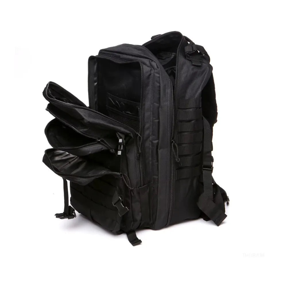 Side view of tactical backpack with all pockets open, showing spacious interior and compartments.