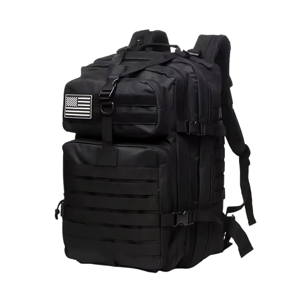 Black tactical backpack with high-capacity compartments and tough military-style design for outdoor adventures.