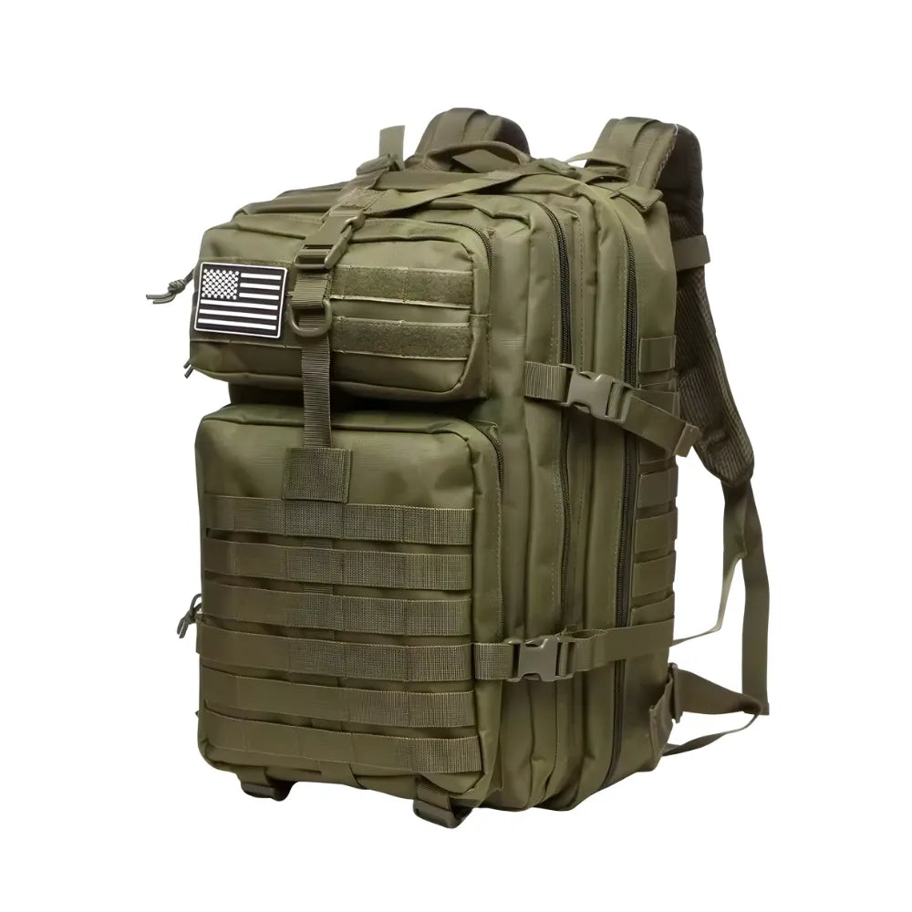 Green tactical backpack with multiple compartments and durable design for outdoor activities.