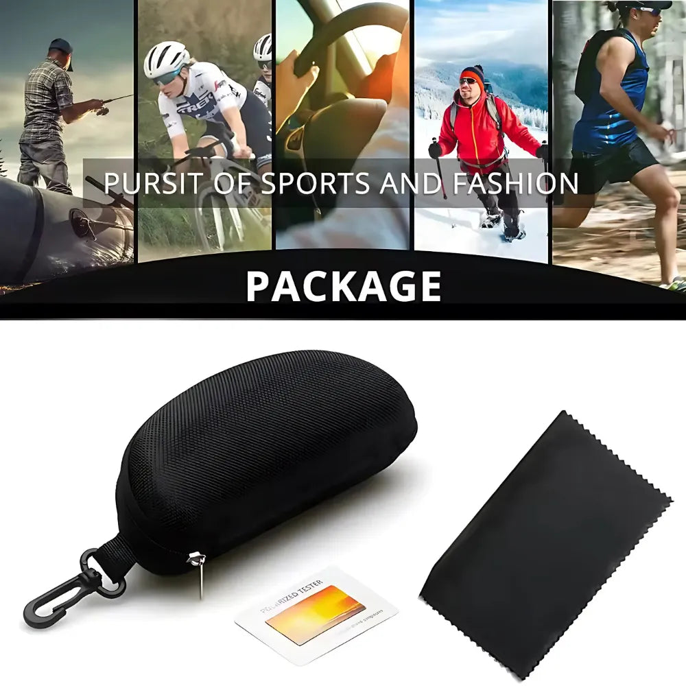 KDEAM Havoc tactical sunglasses case and cleaning cloth included, highlighting versatility for sports and outdoor hobbies like fishing, cycling, and camping.