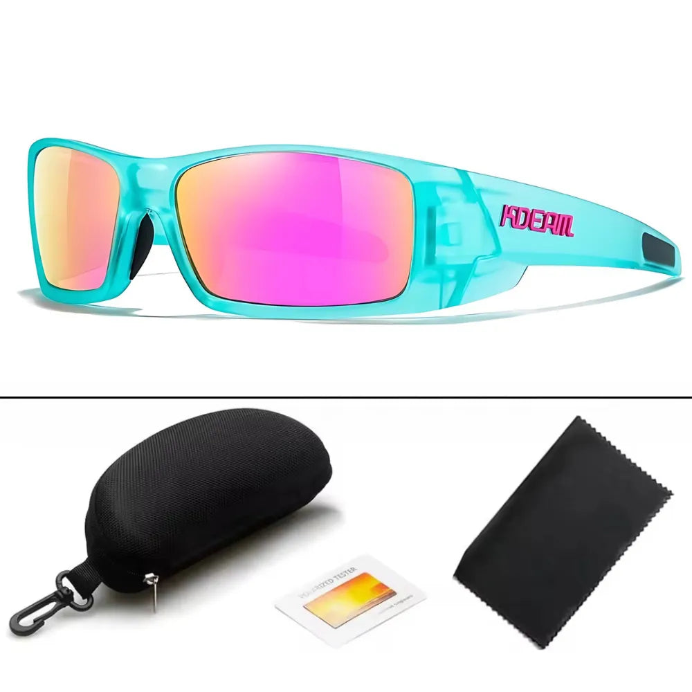 KDEAM Havoc sunglasses in cyan color variant, displayed with storage case and cleaning cloth included.