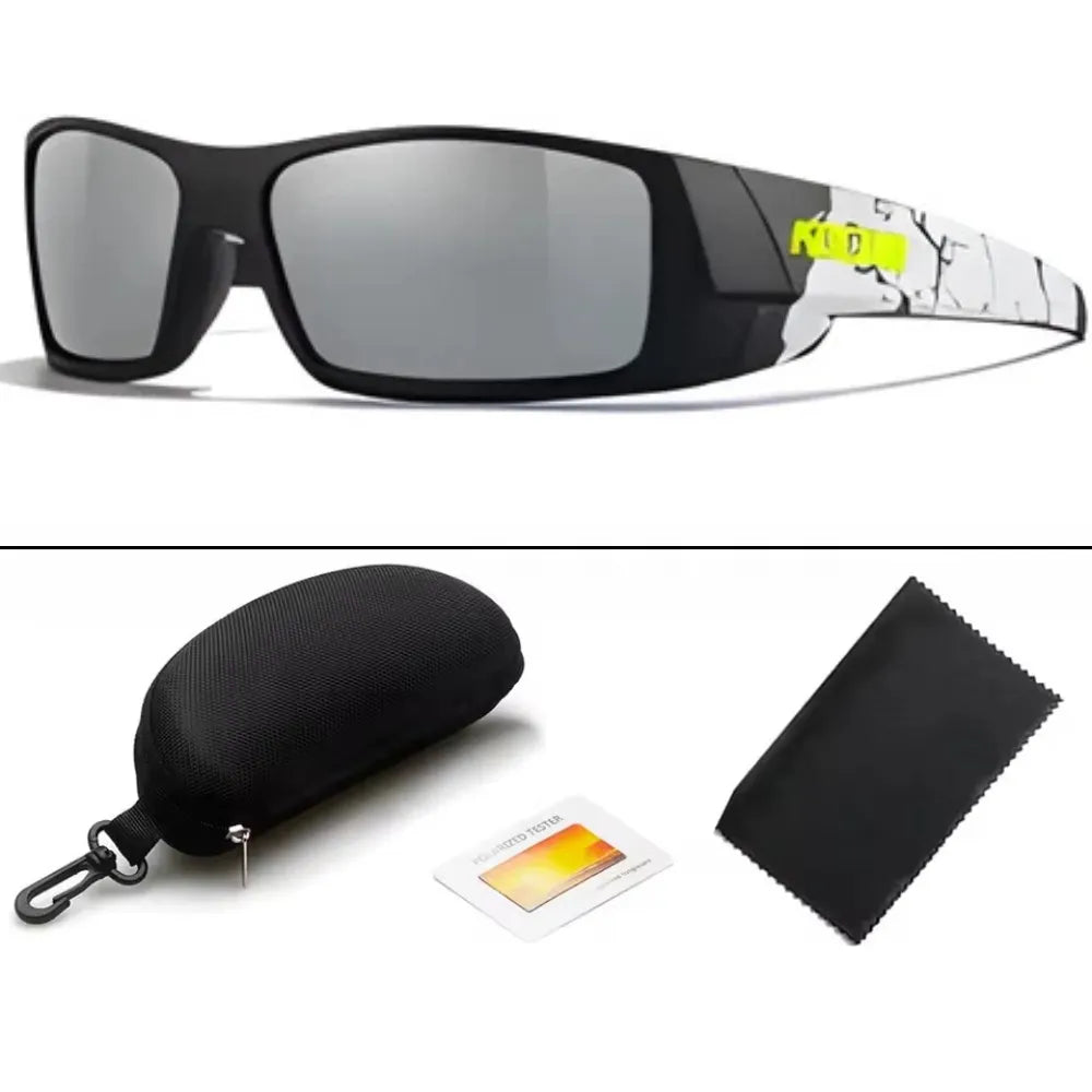 KDEAM Havoc sunglasses in black textured frame variant, displayed with storage case and cleaning cloth.