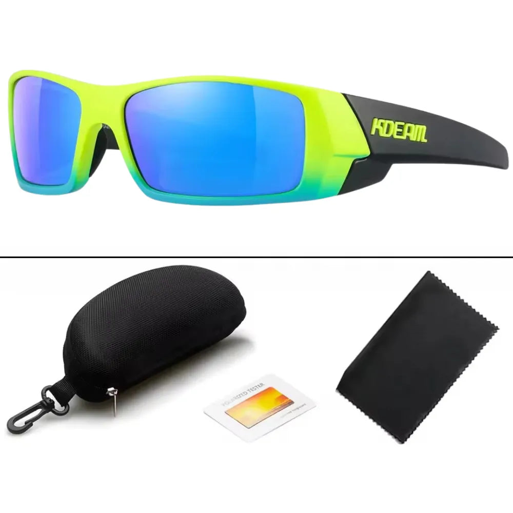 KDEAM Havoc sunglasses in black and yellow color variant, with protective case and cleaning cloth included.