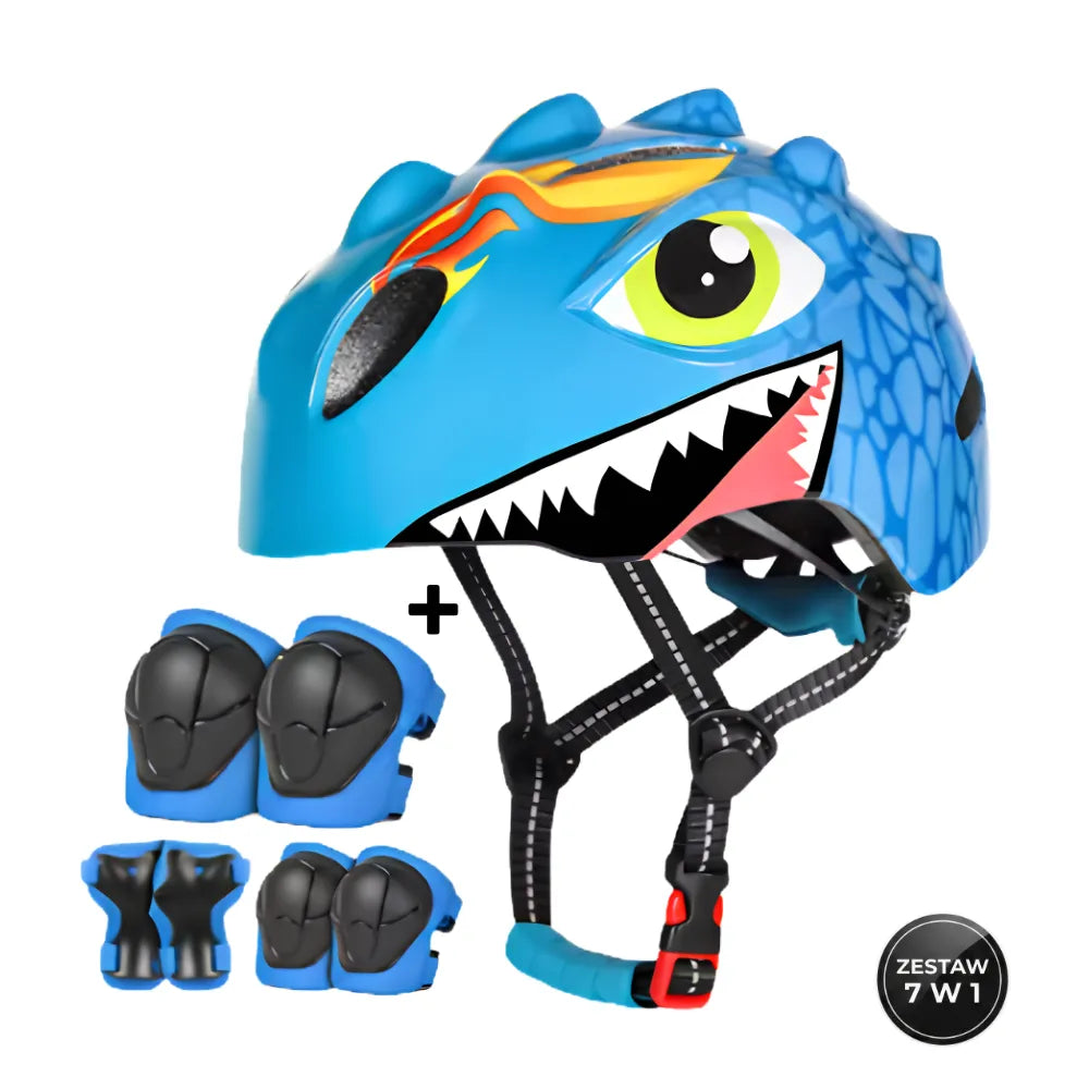 Zestaw ochronny dla dzieci ROAR 7w1 – niebieski kask dinozaur 3D z ochraniaczami.