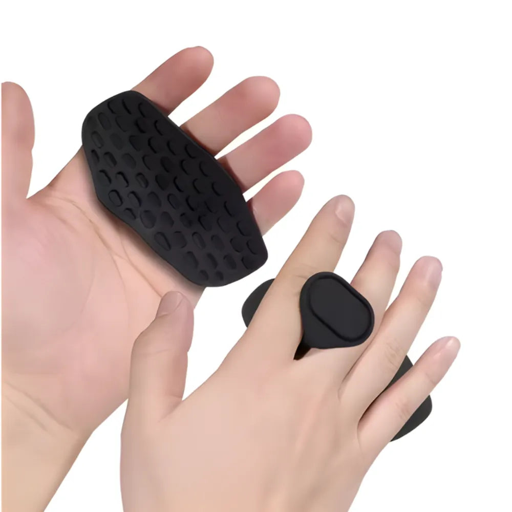 Hands holding the STRY VEX FULLGRIP on a white background clear front and back view highlighting grip design, texture, and premium finish for maximum training control.